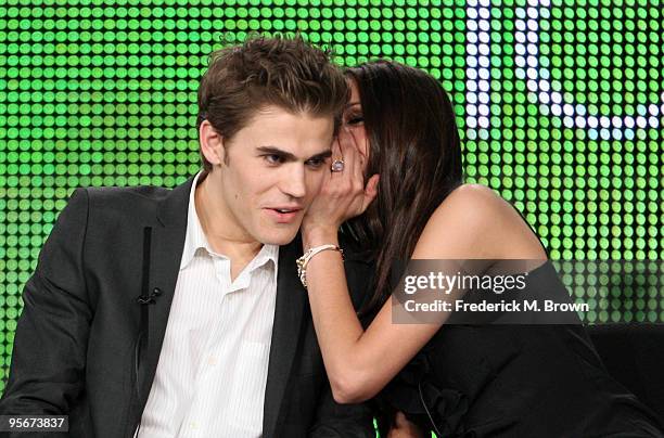 Actors Paul Wesley and Nina Dobrev speak onstage at the CW "The Vampire Diaries" Q&A portion of the 2010 Winter TCA Tour day 1 at the Langham Hotel...