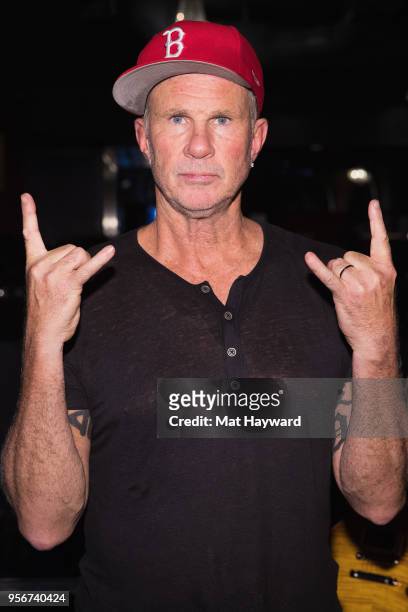 Drummer Chad Smith of the Red Hot Chili Peppers poses for a photo after rehearsal for the Musicares Concert for Recovery at the Showbox on May 9,...