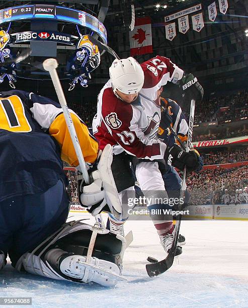 Patrick Lalime of the Buffalo Sabres stops a second period shot taken by Chris Stewart of the Colorado Avalanche on January 9, 2010 at HSBC Arena in...