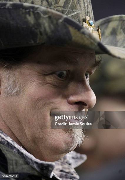 Musician Ted Nugent reacts before playing the national anthem for the 2010 NFC wild-card playoff game between the Dallas Cowboys and the Philadelphia...