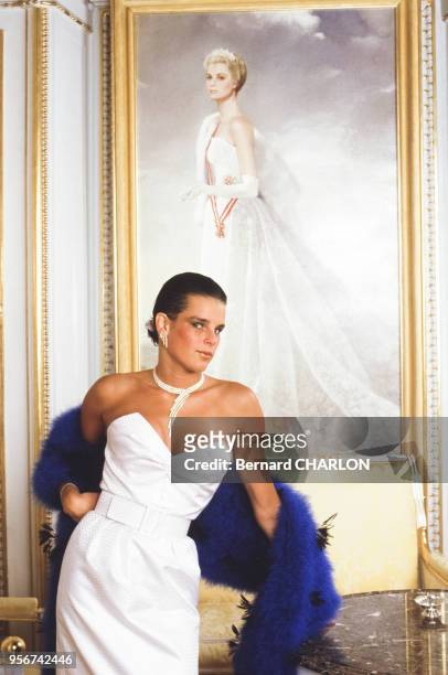 La princesse Stéphanie de Monaco devant un portrait peint de sa mère la princesse Grace de Monaco, circa 1980 à Monaco.