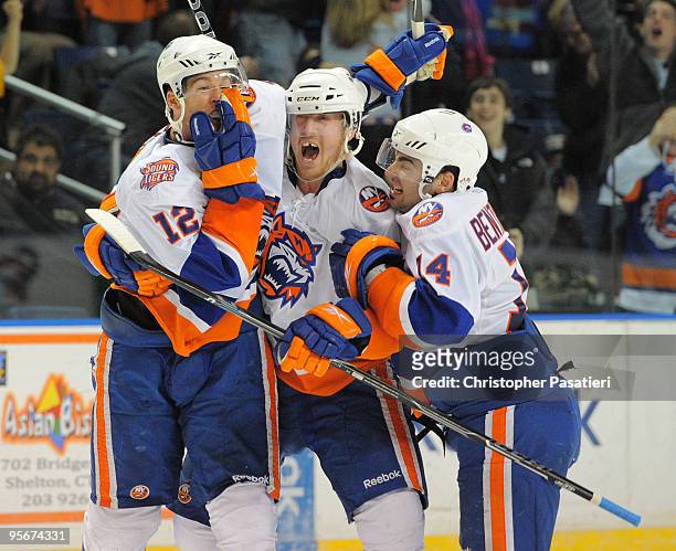 Dustin Kohn of the Bridgeport Sound Tigers reacts after scoring the game winning goal in overtime to defeat the Springfield Falcons 3-2 on January 9,...