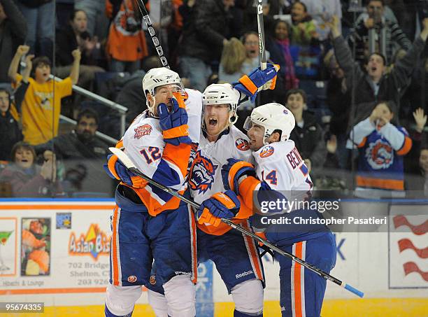 Dustin Kohn of the Bridgeport Sound Tigers reacts after scoring the game winning goal in overtime to defeat the Springfield Falcons 3-2 on January 9,...