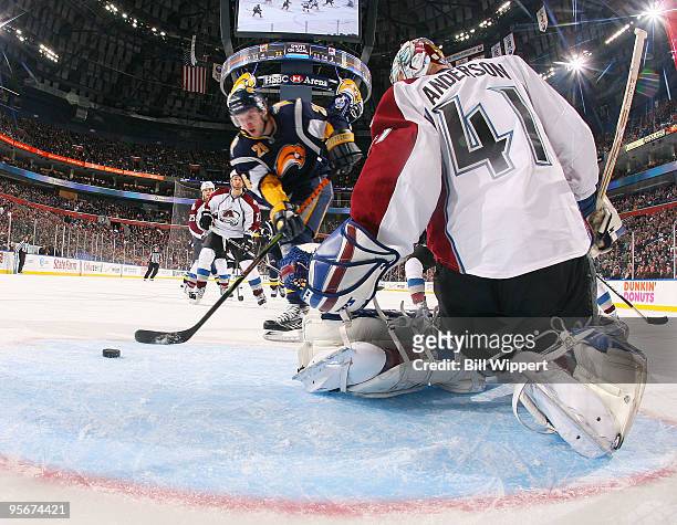 Thomas Vanek of the Buffalo Sabres scores a third period goal against Craig Anderson of the Colorado Avalanche on January 9, 2010 at HSBC Arena in...