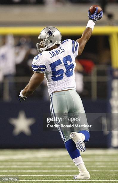 Linebacker Bradie James of the Dallas Cowboys celebrates after recovering a fumble by the Philadelphia Eagles during the 2010 NFC wild-card playoff...