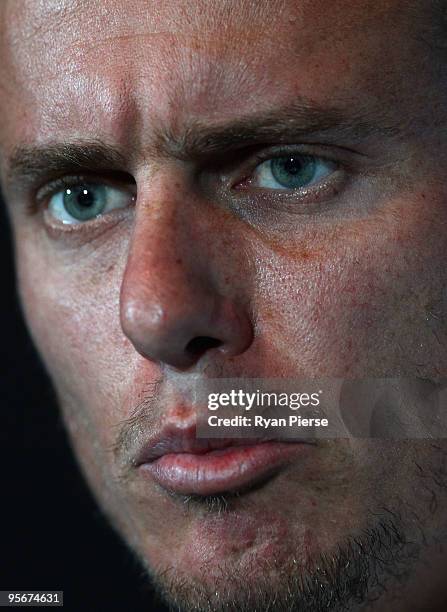 Lleyton Hewitt of Australia speaks during a press conference during day one of the 2010 Medibank International at Sydney Olympic Park Sports Centre...