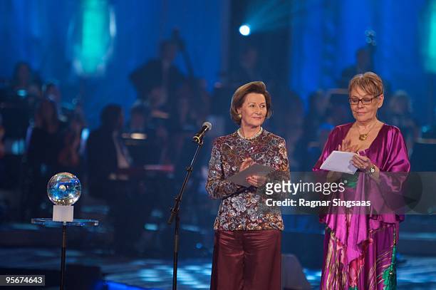 Queen Sonja of Norway and Tove Paule, President of the Norwegian Confederation of Sports, attend The Sports Gala in Haakons Hall in Lillehammer on...