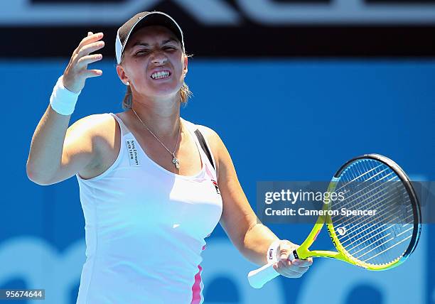 Svetlana Kuznetsova of Russia shows her frustration in her first round match against Alisa Kleybanova of Russia during day one of the 2010 Medibank...