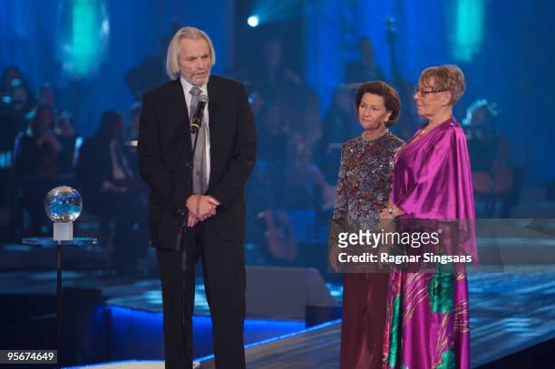 Vidar Boe, the winner of the award, Queen Sonja of Norway and Tove Paule, President of the Norwegian Confederation of Sports, attend The Sports Gala...