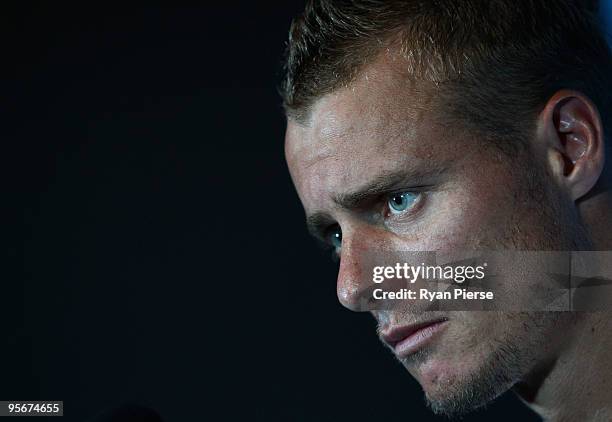 Lleyton Hewitt of Australia speaks during a press conference during day one of the 2010 Medibank International at Sydney Olympic Park Sports Centre...