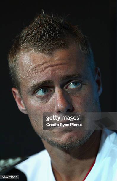 Lleyton Hewitt of Australia speaks during a press conference during day one of the 2010 Medibank International at Sydney Olympic Park Sports Centre...