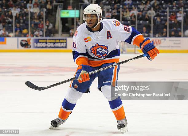 Greg Mauldin of the Bridgeport Sound Tigers skates during the third period against the Springfield Falcons on January 9, 2010 at the Arena at Harbor...