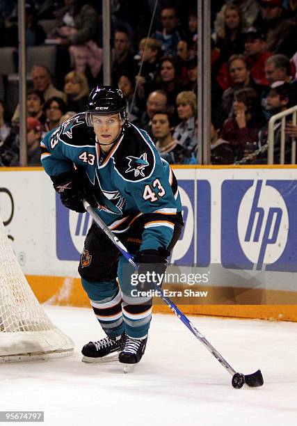 John McCarthy of the San Jose Sharks plays in his first NHL game against the Detroit Red Wings at HP Pavilion on January 9, 2010 in San Jose,...