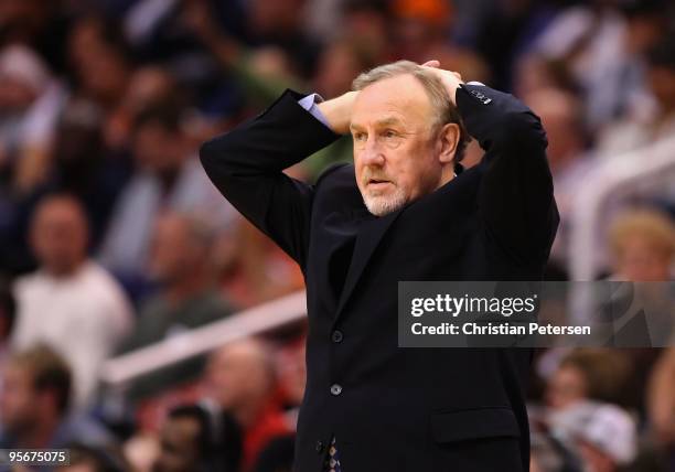 Head coach Rick Adelman of the Houston Rockets reacts during the NBA game against the Phoenix Suns at US Airways Center on January 6, 2010 in...