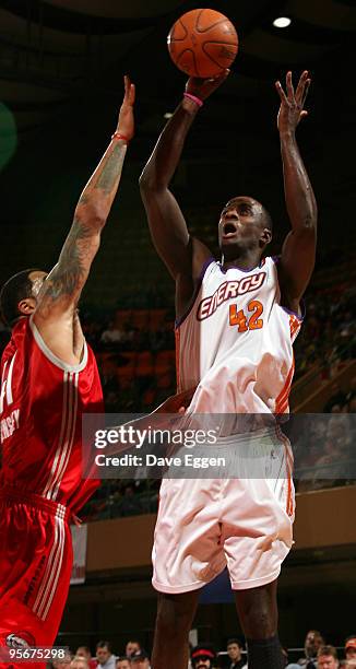 Earl Barron of the Iowa Energy shoots over the defense of Julian Sensley of the Rio Grande Valley Vipers in the first half of their NBA D-League game...