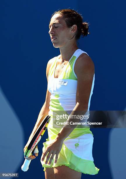 Francesca Schiavone of Italy looks dejected in her first round match against Elena Dementieva of Russia during day one of the 2010 Medibank...