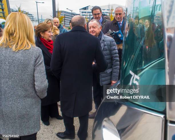 Voyage inaugural du prolongement de la ligne de tramway au Parc Olympique Lyonnais et à l?inauguration de l'esplanade Nord en présence de Gérard...