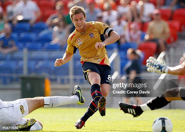 Matthew Thompson of the Jets scores during the round 22 A-League match between the Newcastle Jets and Melbourne Victory at EnergyAustralia Stadium on...