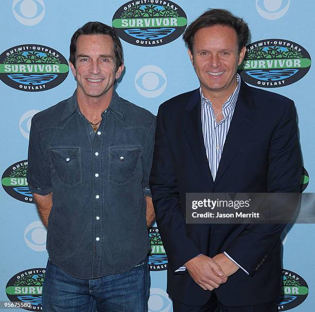 Jeff Probst and Mark Burnett arrive at the CBS "Survivor" 10 Year Anniversary Party on January 9, 2010 in Los Angeles, California.