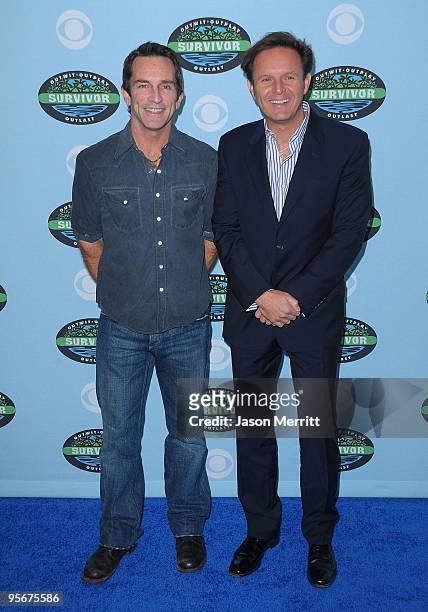 Jeff Probst and Mark Burnett arrive at the CBS "Survivor" 10 Year Anniversary Party on January 9, 2010 in Los Angeles, California.