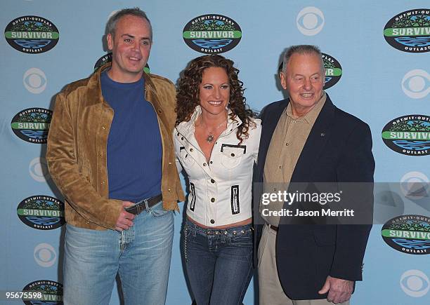 Richard Hatch, Jerri Manthey, and Rudy Boesch arrive at the CBS "Survivor" 10 Year Anniversary Party on January 9, 2010 in Los Angeles, California.