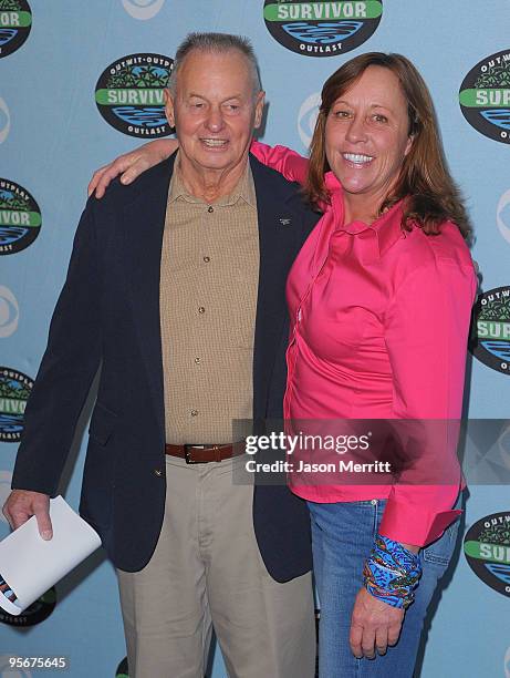 Rudy Boesch and Susan Hawk arrive at the CBS "Survivor" 10 Year Anniversary Party on January 9, 2010 in Los Angeles, California.