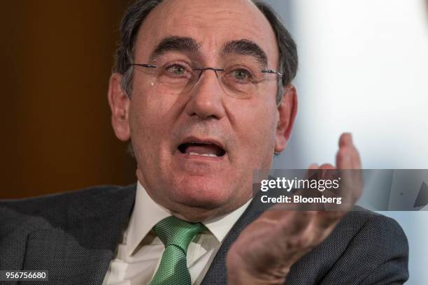 Ignacio Galan, chairman and chief executive officer of Iberdrola SA, gestures while speaking during a Bloomberg Television interview in London, U.K.,...