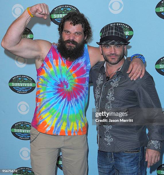 Rupert Boneham and Russell Hantz arrive at the CBS "Survivor" 10 Year Anniversary Party on January 9, 2010 in Los Angeles, California.