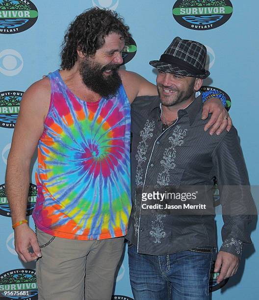Rupert Boneham and Russell Hantz arrive at the CBS "Survivor" 10 Year Anniversary Party on January 9, 2010 in Los Angeles, California.