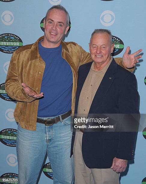 Richard Hatch and Rudy Boesch arrive at the CBS "Survivor" 10 Year Anniversary Party on January 9, 2010 in Los Angeles, California.