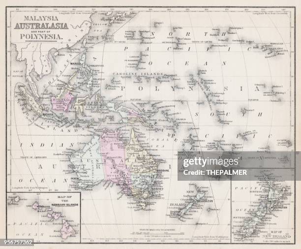 map of australia and polynesia 1877 - indonesia map stock illustrations