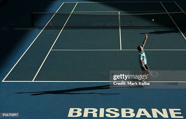 Radek Stepanek of the Czech Republic serves in the men's final match against Andy Roddick of the USA during day eight of the Brisbane International...