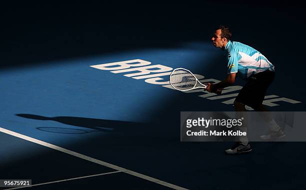 Radek Stepanek of the Czech Republic prepare to receive a serve in the men's final match against Andy Roddick of the USA during day eight of the...