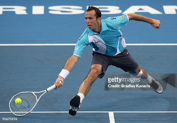 Radek Stepanek of the Czech Republic plays a forehand volley in his final against Andy Roddick of the USA during day eight of the Brisbane...