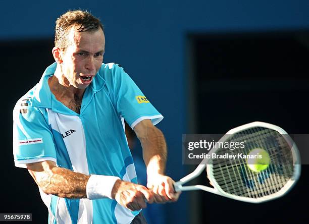Radek Stepanek of the Czech Republic plays a backhand in his final against Andy Roddick of the USA during day eight of the Brisbane International...