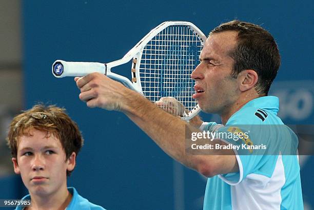 Radek Stepanek of the Czech Republic reacts to a close line call in his final against Andy Roddick of the USA during day eight of the Brisbane...