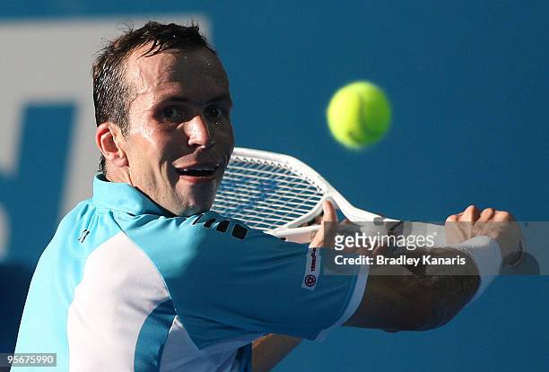 Radek Stepanek of the Czech Republic plays a backhand in his final against Andy Roddick of the USA during day eight of the Brisbane International...