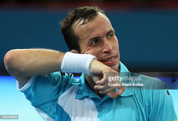Radek Stepanek of the Czech Republic reacts after losing a point in the men's final match against Andy Roddick of the USA during day eight of the...