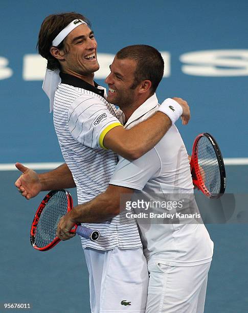 Jeremy Chardy of France and Marcus Gicquel of France celebrate victory after their final against Lucas Dlouhy of the Czech Republic and Leander Paes...