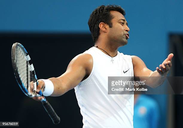 Leander Paes of India playing with Lucas Dlouhy of the Czech Republic reacts after losing a point in the men's doubles final against Marcus Gicquel...