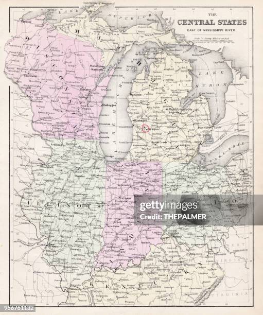 map of central states 1877 - illinois v wisconsin stock illustrations