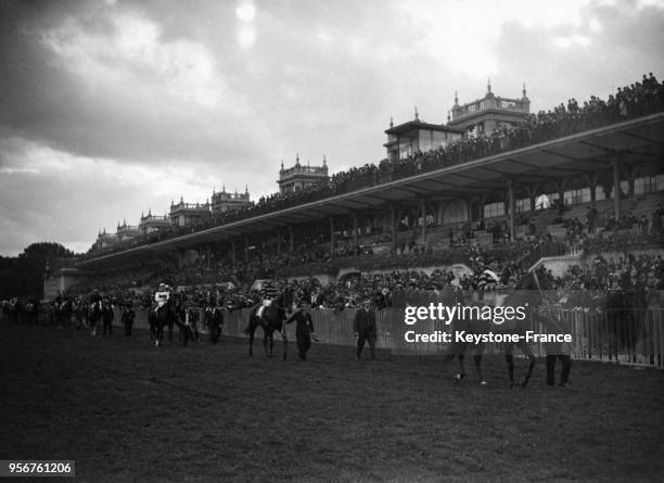 La présentatation des chevaux devant les tribunes avant la course du 'Prix de l'Arc de Triomphe' à l'hippodrome de Longchamp, à Paris, France le 8...