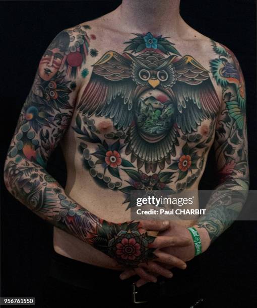 Corps tatoué au Mondial du Tatouage dans la Grande Halle de la Villette le 4 mars 2016.Paris, France.