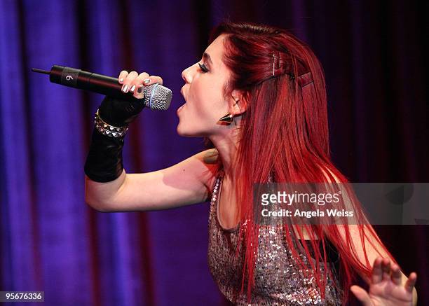 Singer Ariana Grande performs at the IPOP! Concert Series an Evening with Make-A-Wish Foundation and Starlight Children's Foundation at the Hyatt...