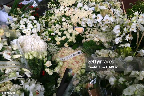 Bouquets de fleurs sur la tombe de Mireille Darc dans le cimetière de Montparnasse, 1er septembre 2017, Paris, France.