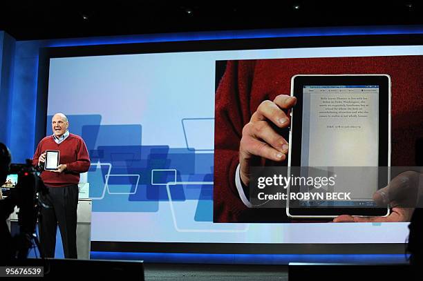 Microsoft CEO Steve Ballmer shows the new HP Slate computer and e-reader during his keynote address at the 2010 International Consumer Electronics...