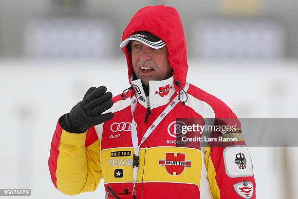 Head coach Uwe Muesiggang of Germany gestures prior to the Women's 12,5 km mass start in the e.on Ruhrgas IBU Biathlon World Cup on January 10, 2010...