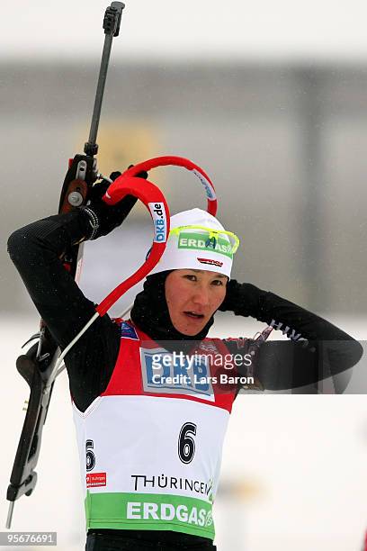 Simone Hauswald of Germany is seen at the shooting range prior to the Women's 12,5 km mass start in the e.on Ruhrgas IBU Biathlon World Cup on...