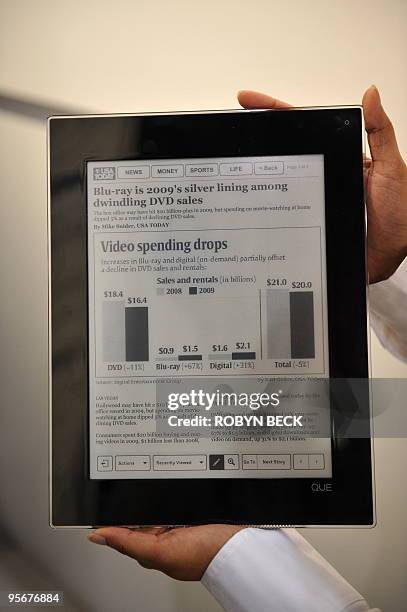 Page from USA Today newspaper is displayed on the Plastic Logic Que e-reader at the 2010 International Consumer Electronics Show, January 7, 2010 in...