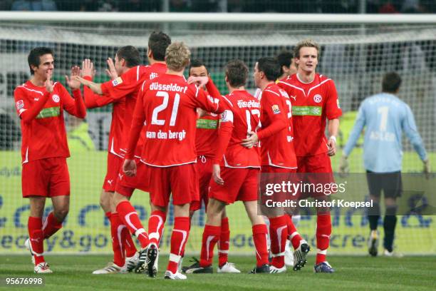 Martin Harnik of Duesseldorf celebrates the first goal during the Wintercup match between Fortuna Duesseldorf and Bayer 04 Leverkusen at the Esprit...